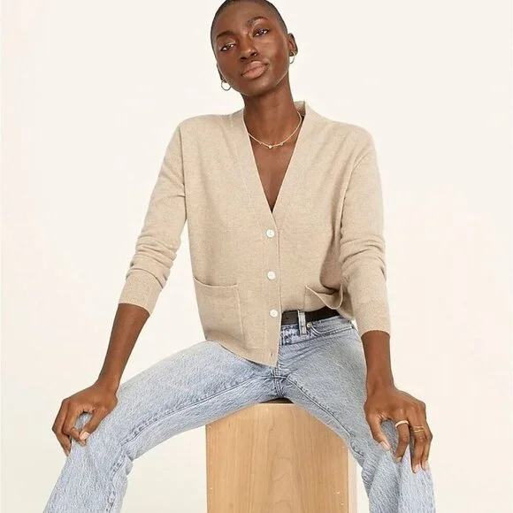J.Crew Womens Cashmere Patch-Pocket Cardigan Sweater Size Medium Beige FA EXC - Picture 2 of 10